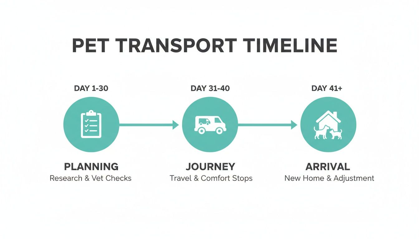 A detailed timeline illustrating the three key stages of pet transport: planning, journey, and arrival.