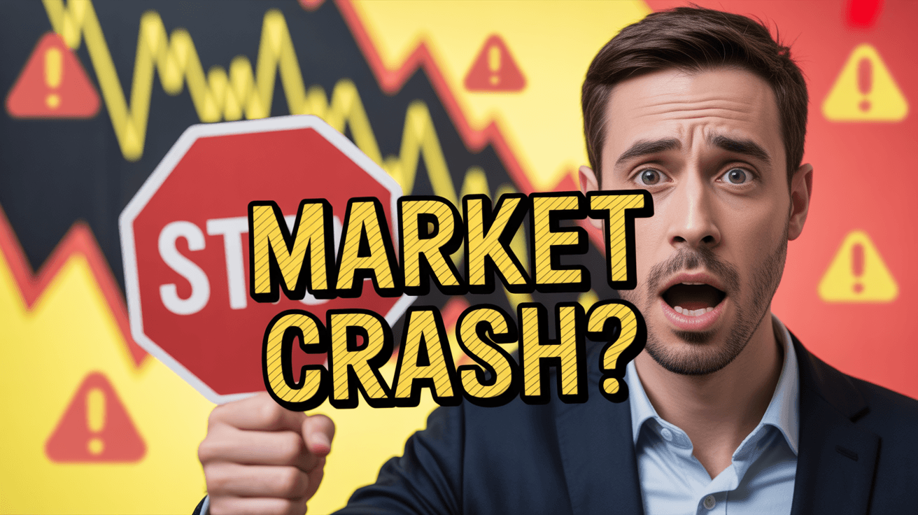 Finance analyst holding stop sign in front of crashing market chart with MARKET CRASH question