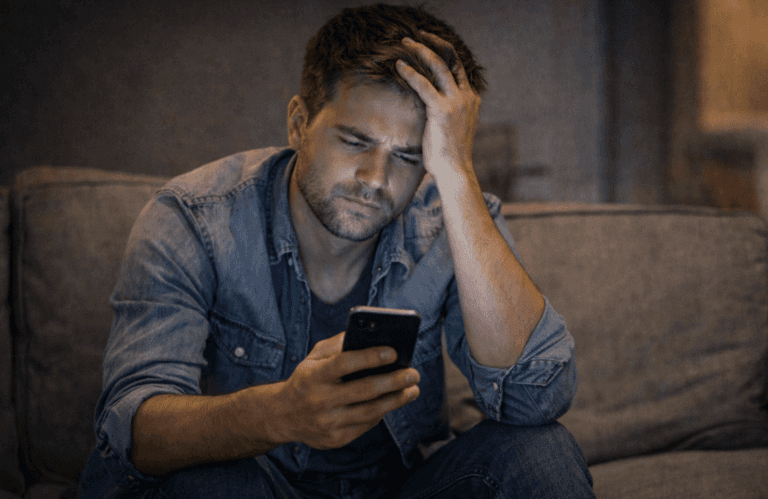 ein mann sitzt auf einem sofa und sieht gestresst auf sein handy