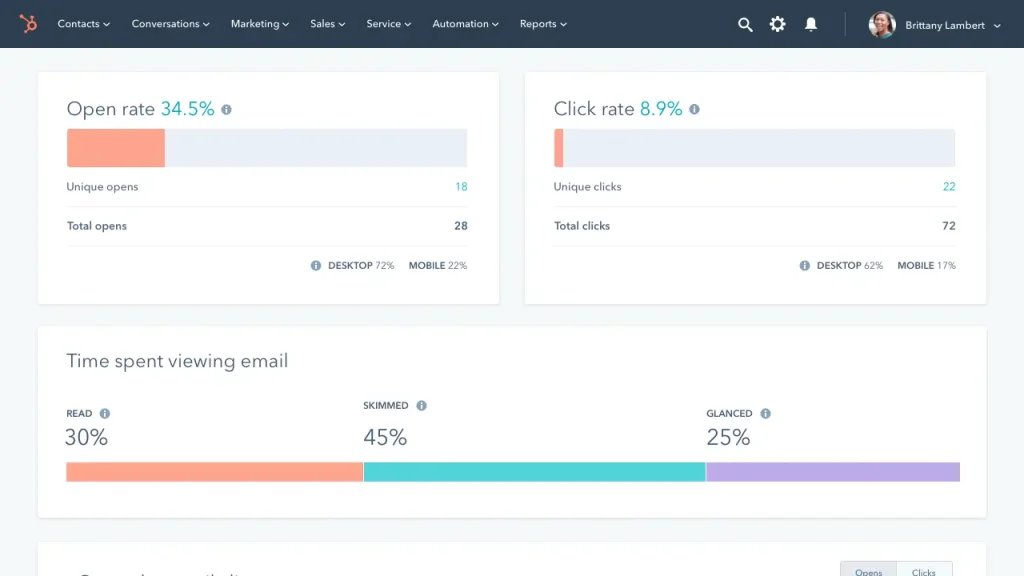 E-Mail-Bericht in HubSpot mit Öffnungsrate, Klickrate und Lesedauer der Empfänger