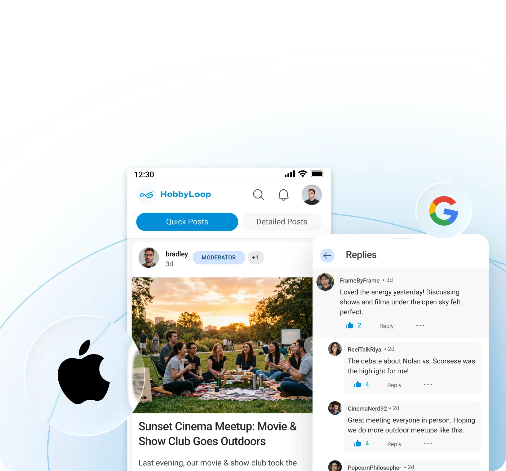 Custom-branded iOS and Android community apps with your logo, interface, and member discussions for a fully branded mobile community experience.