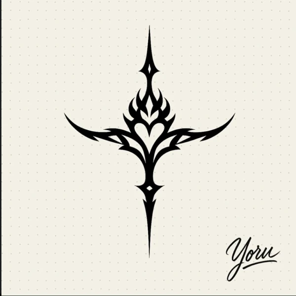 Diseño de tatuaje tribal negro en forma de cruz o daga, con un corazón estilizado en el centro y puntas afiladas.