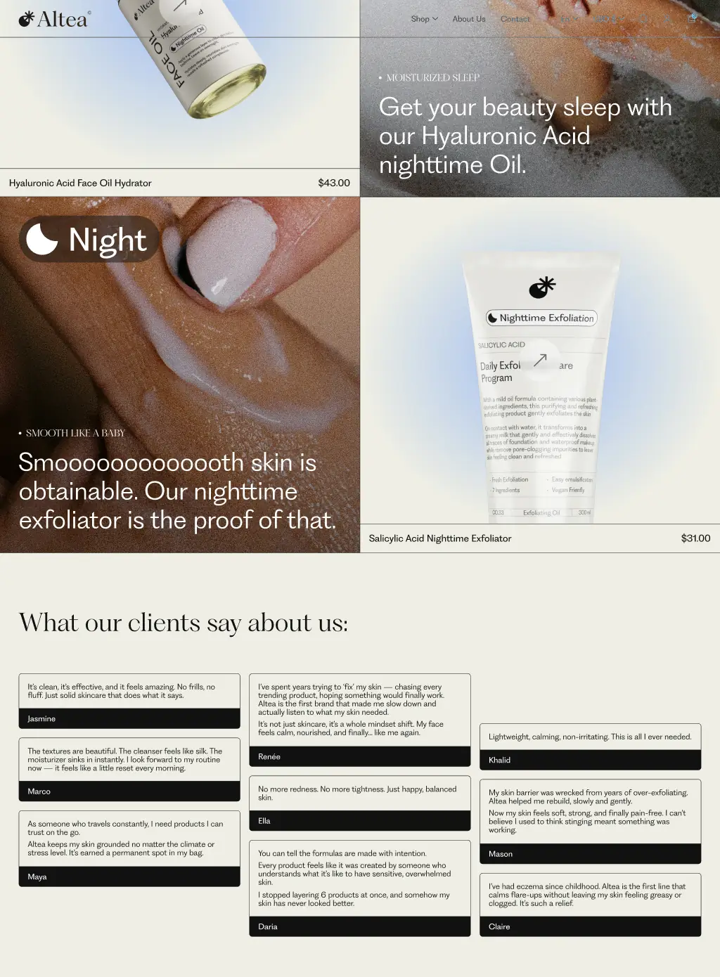 Row of Altea product shots and website mockups used in the brand’s visual system.