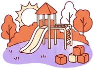 Safe outdoor playground with sunlit classrooms and wooden toys for toddlers