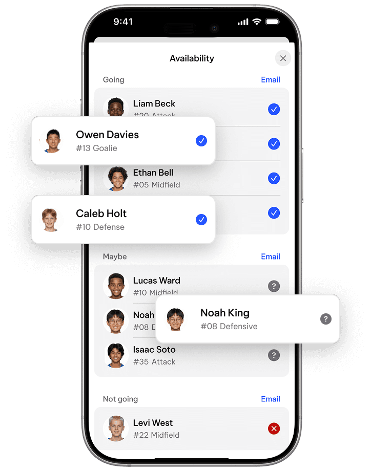 TeamLinkt player availability feature on mobile showing lacrosse players confirming game availability