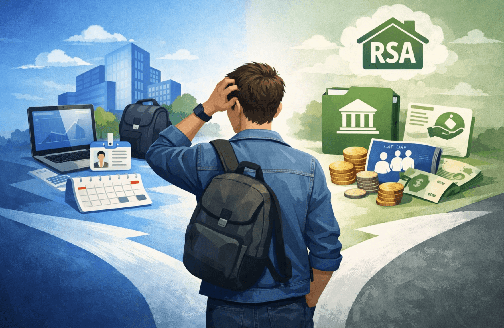 Illustration représentant un alternant face à un choix entre un contrat en alternance et le RSA, avec des symboles de travail, de formation et d’aides sociales, illustrant la question de la compatibilité entre RSA et alternance en France.