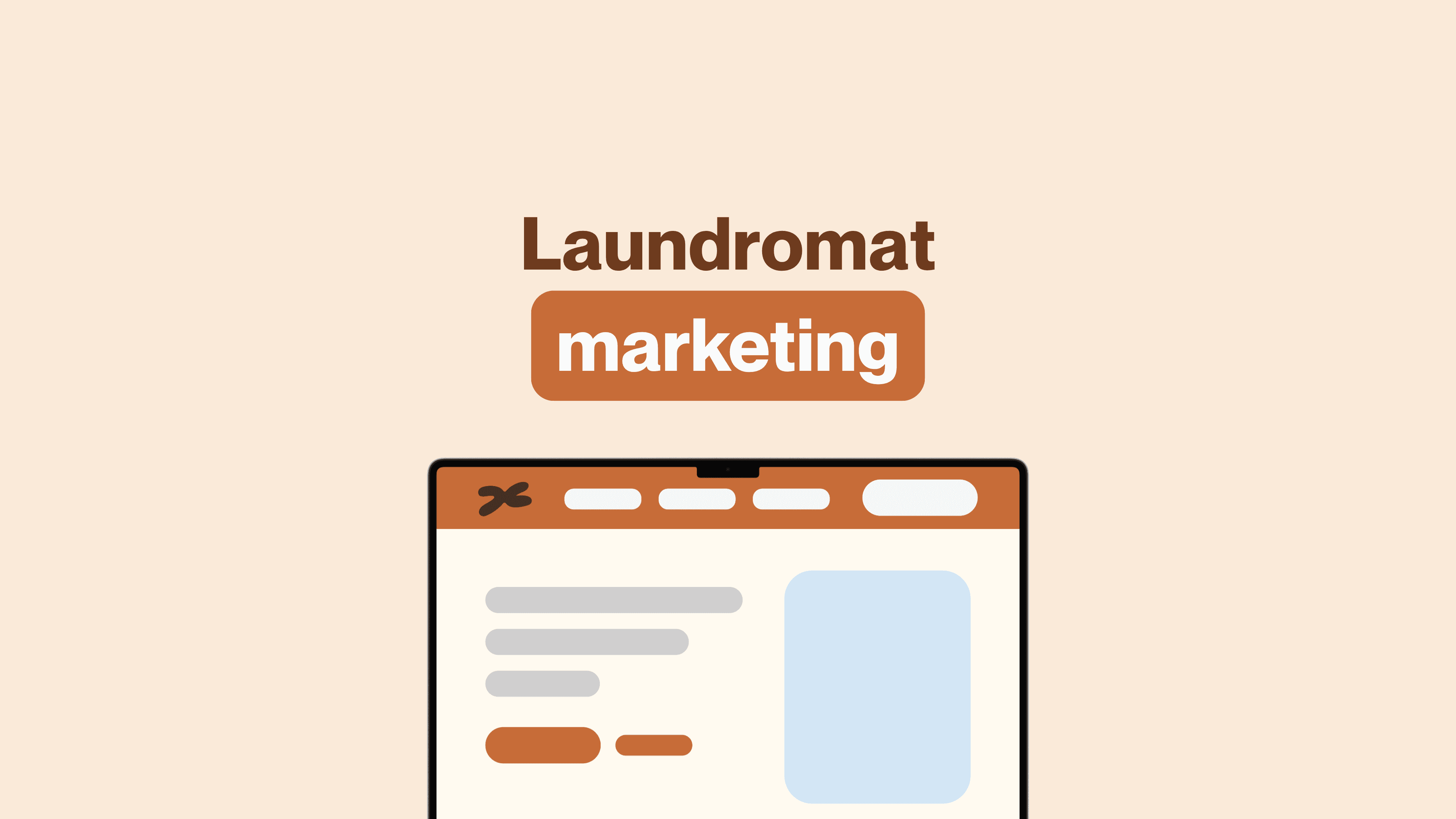 Illustration of a laundromat website interface with the headline “Laundromat Marketing” in bold brown and white text, representing strategies to promote and grow a laundry business online.