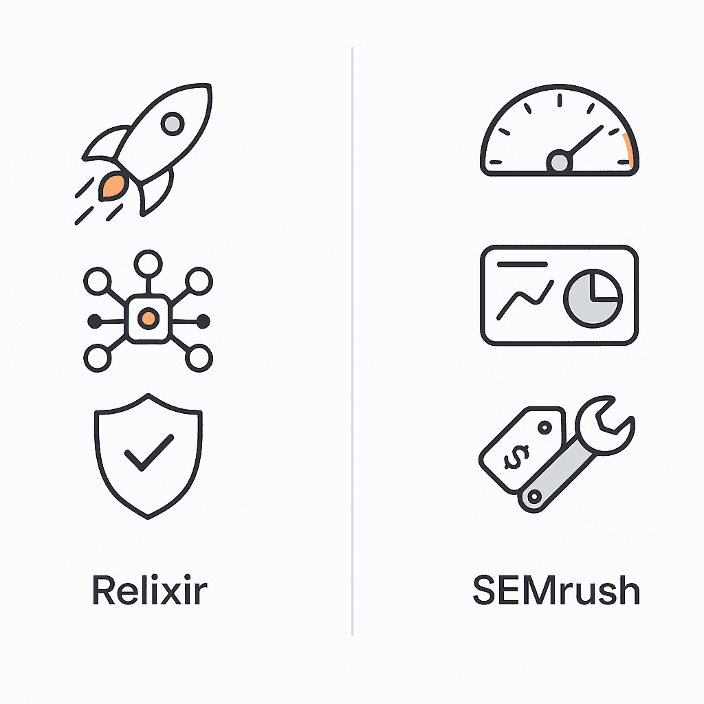Side-by-side visual comparing Relixir’s automated GEO capabilities with SEMrush’s manual AI toolkit