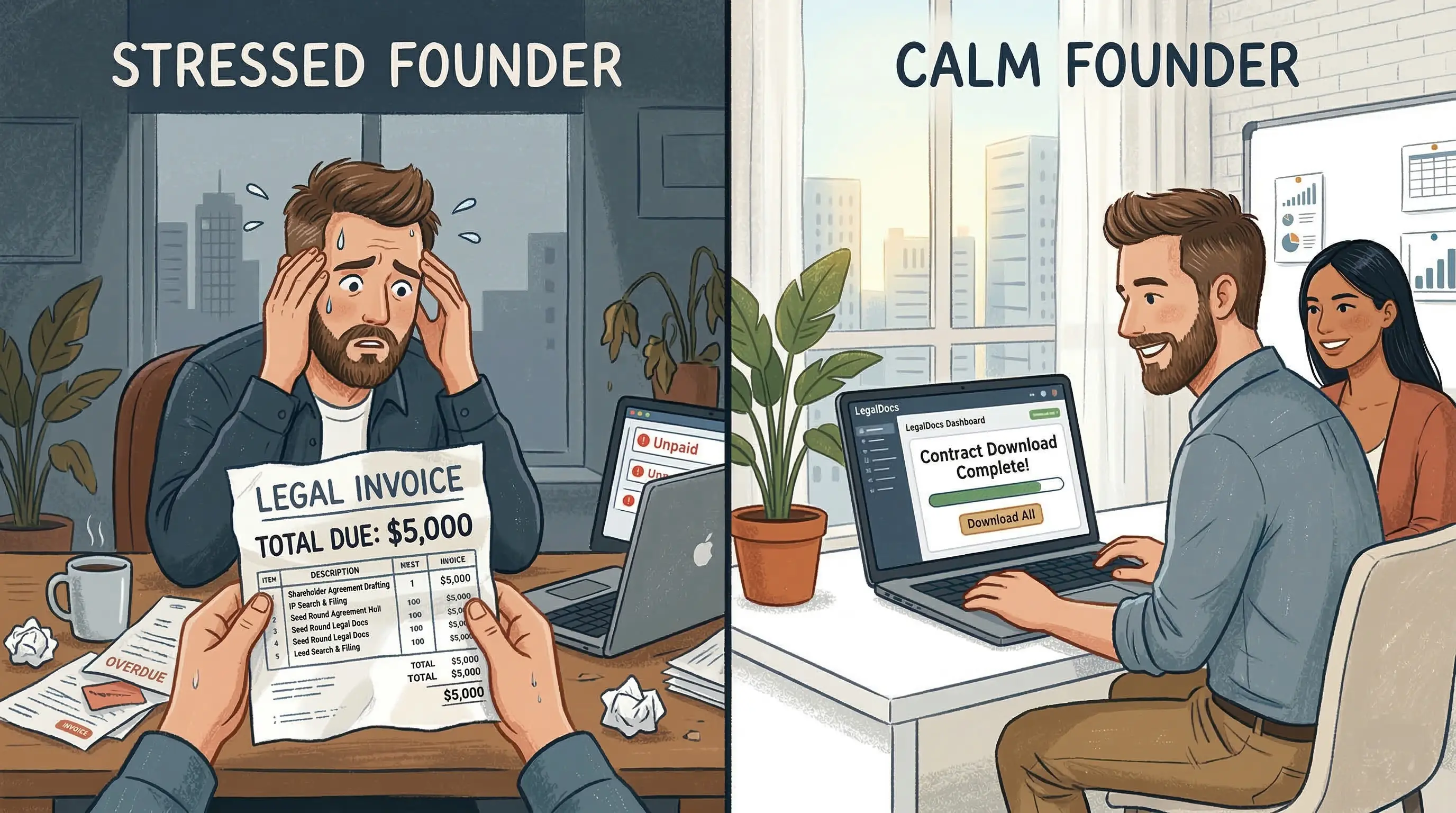 A split-screen showing a stressed founder looking at an expensive $5,000 legal invoice on the left, next to a calm founder downloading automated contracts from a dashboard on the right.