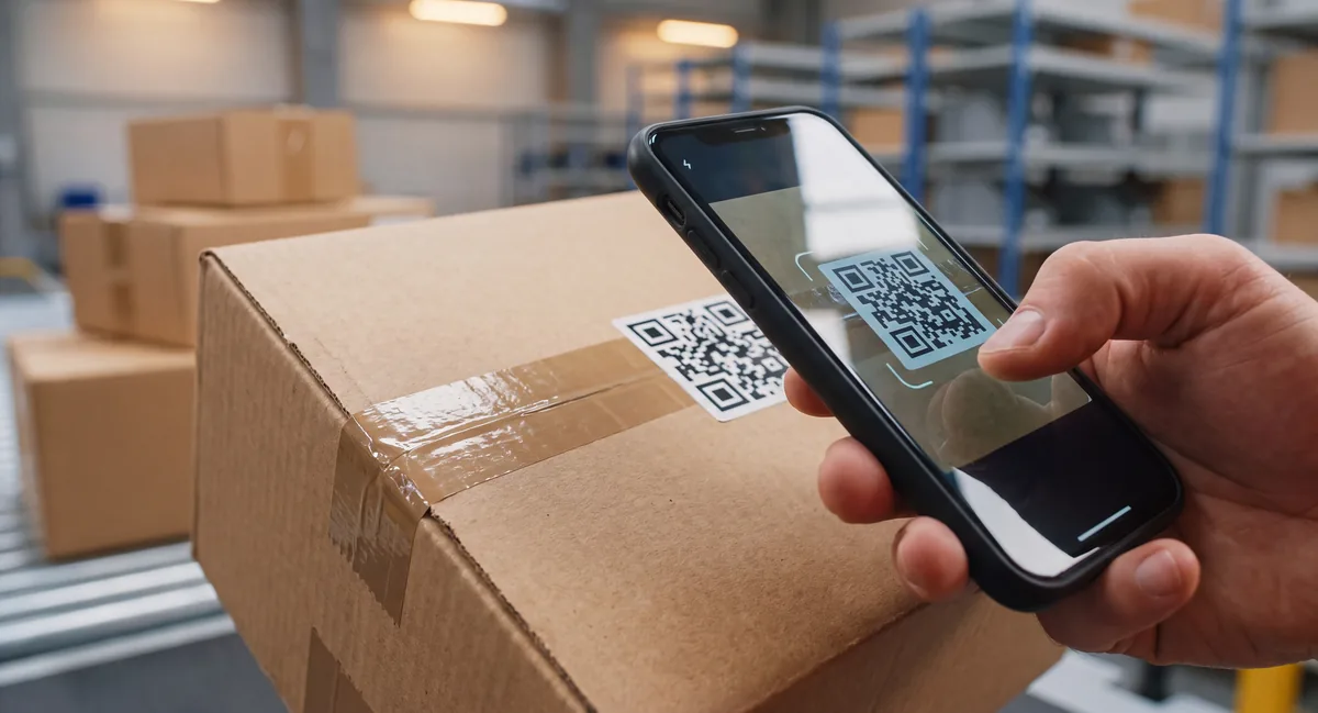 Phone scanning the QR code on a product carton in a warehouse