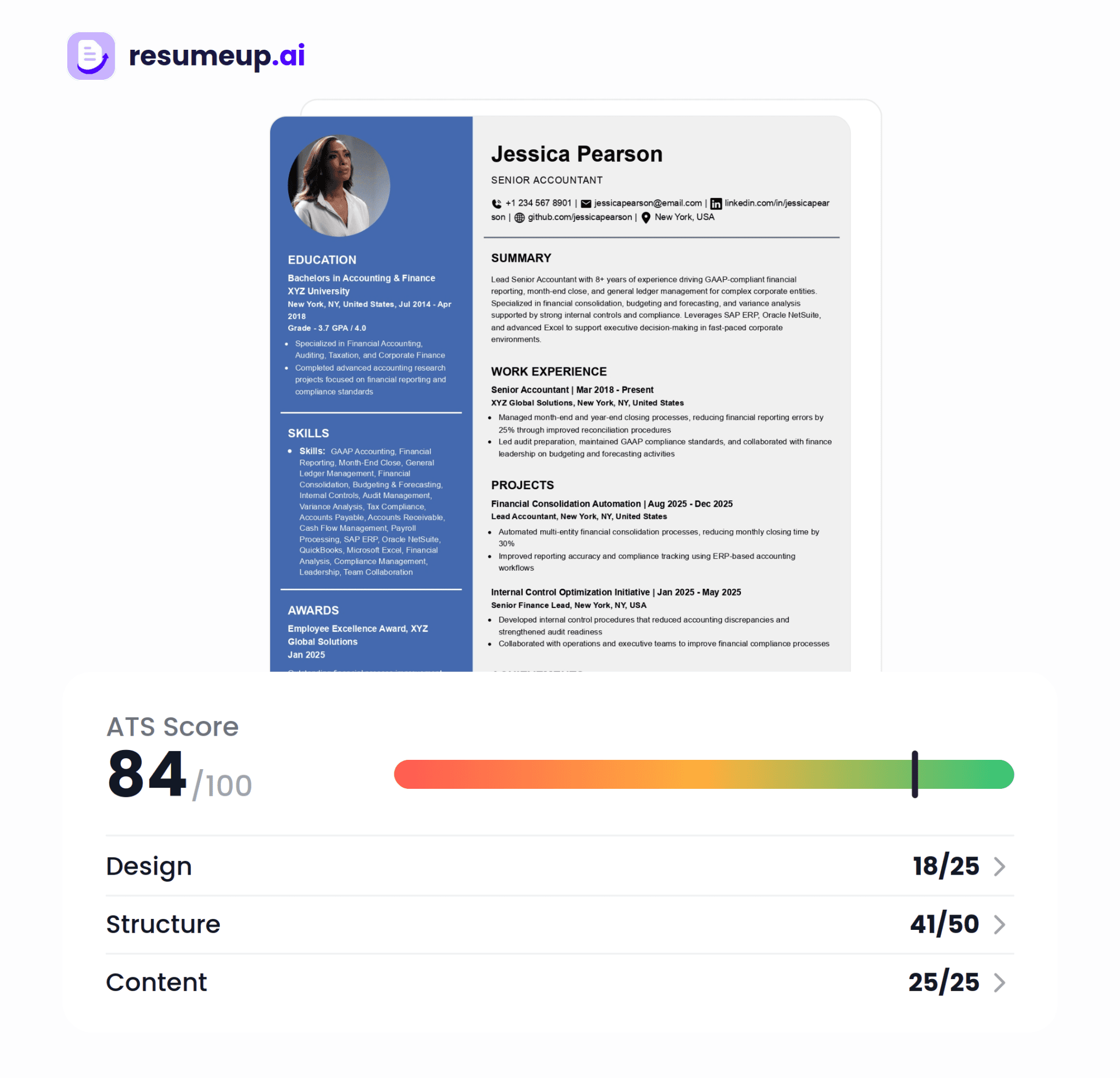resumeup.ai ATS checker showing a resume scored 84 out of 100, with a red-to-green meter and category breakdown: Design 18/25, Structure 41/50, Content 25/25.