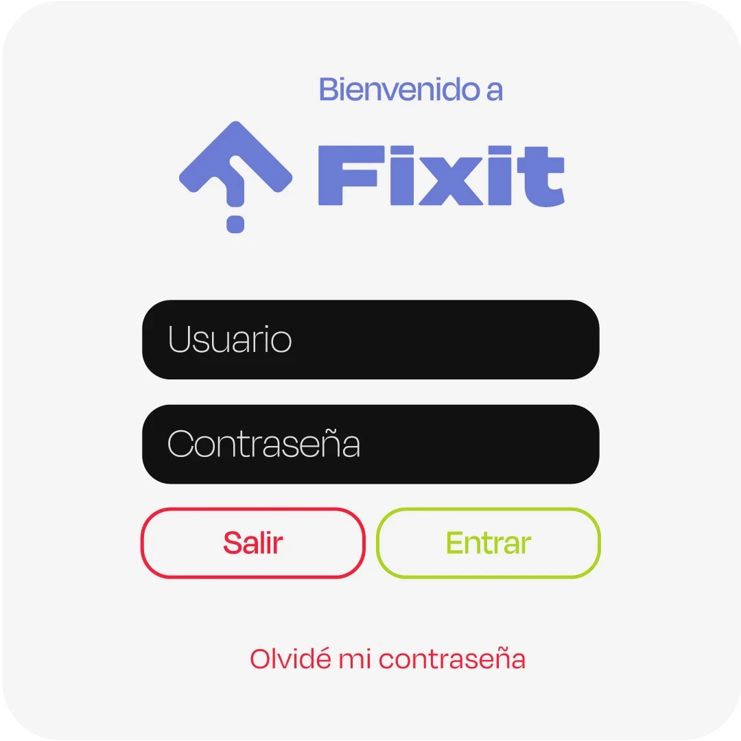 FIXIT app login screen mockup with username and password fields