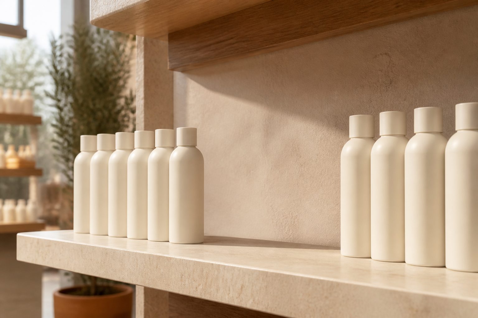 A retail shelf row of identical unbranded bottles with a visible gap where several are missing