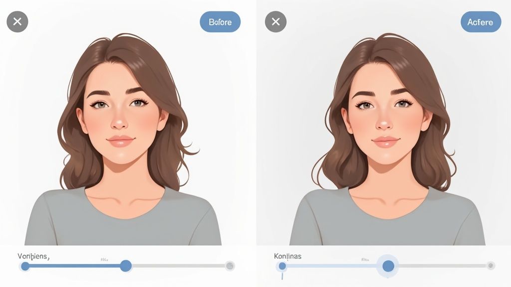 Vergleich einer weiblichen Avatar-Bearbeitung mit Vorher- und Nachher-Ansicht und Einstellungsreglern.