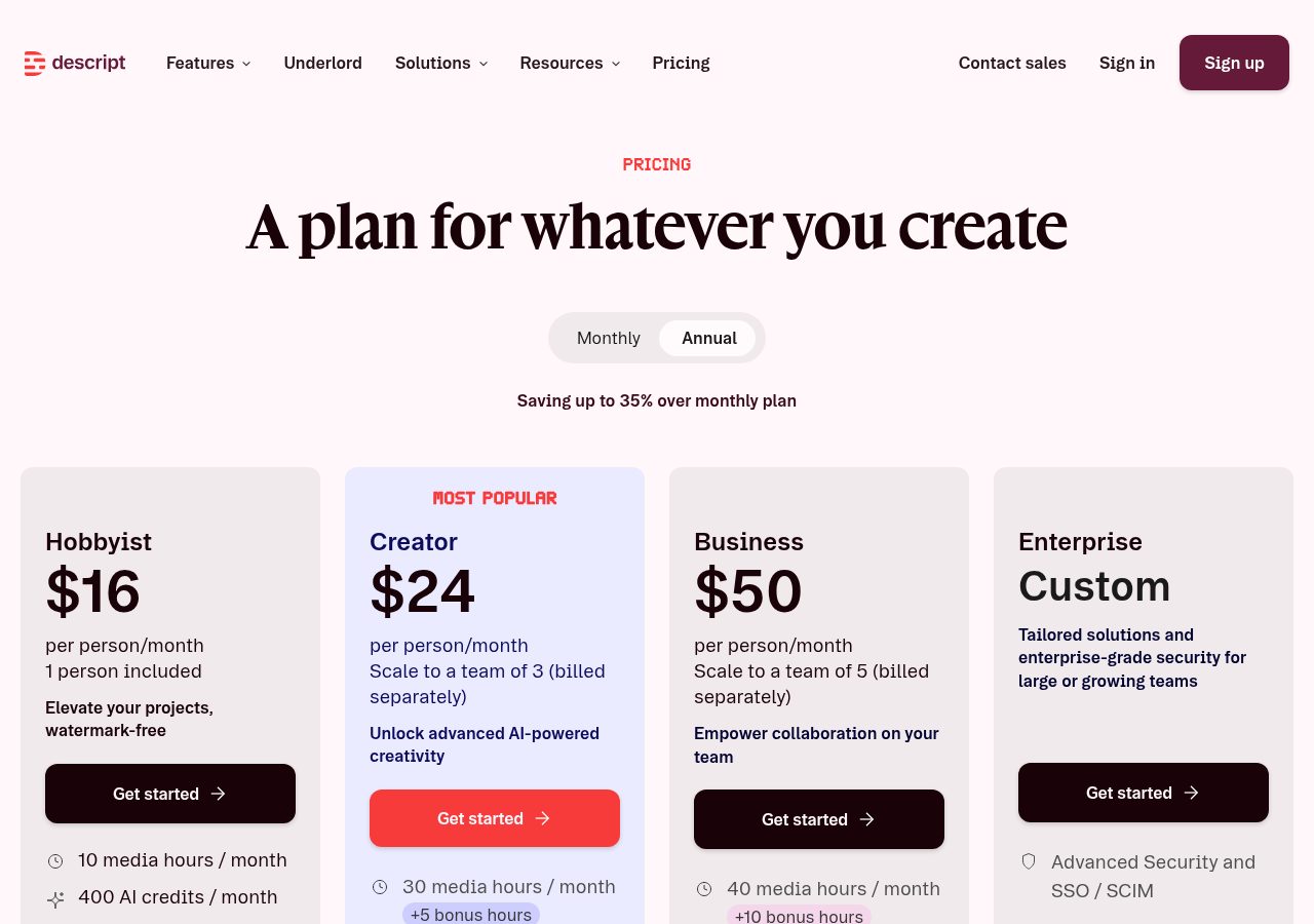 Descript pricing page showing Hobbyist, Creator, Business, and Enterprise plans for July 2026