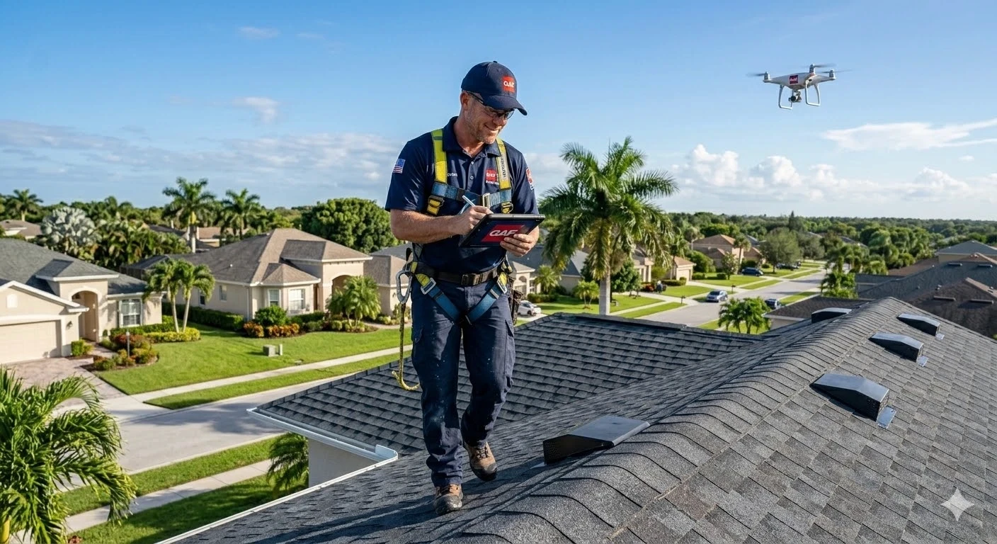 Residential roof inspection South Florida — licensed inspector assessing shingle condition on Fort Lauderdale home, Roofing Network