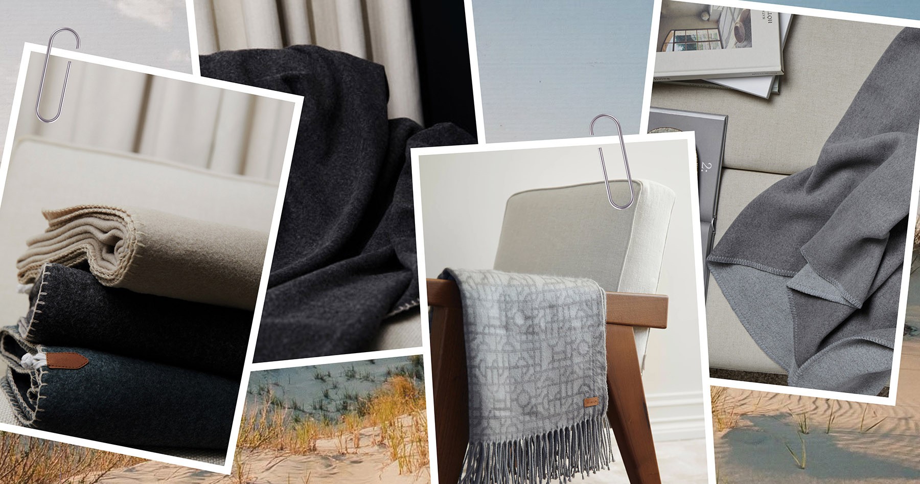 Luxury bespoke blankets and throws in neutral tones displayed on chairs and sofas.
