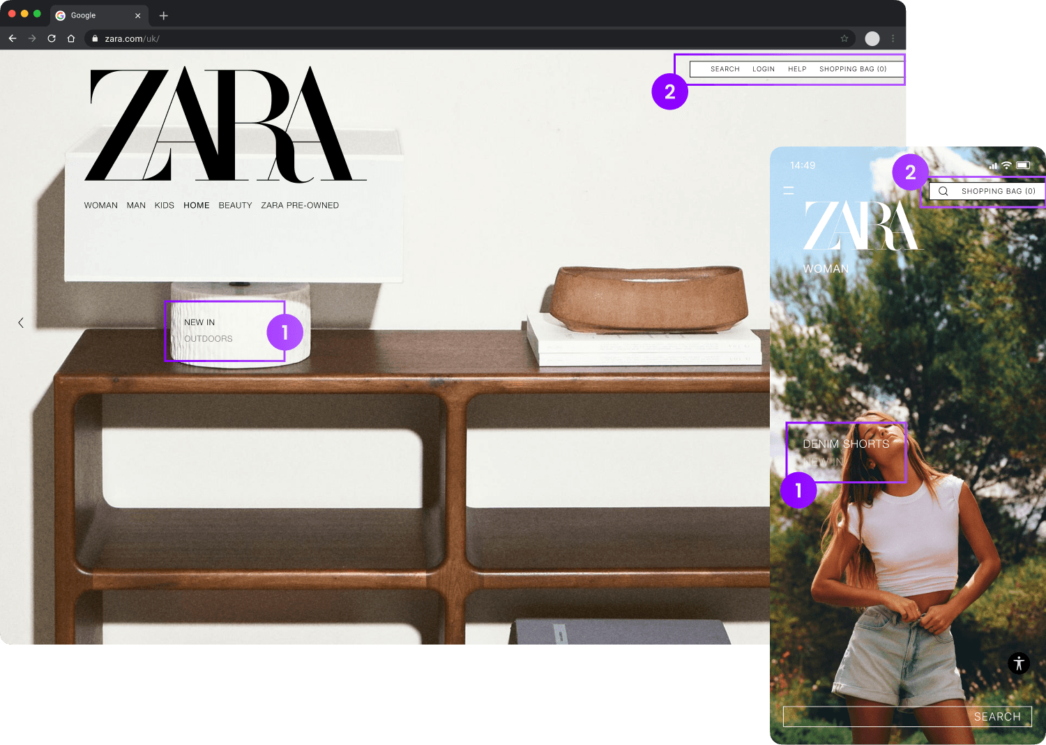 Desktop and mobile proposed edits from my research and explorations, with numberd sections corresponding to text below