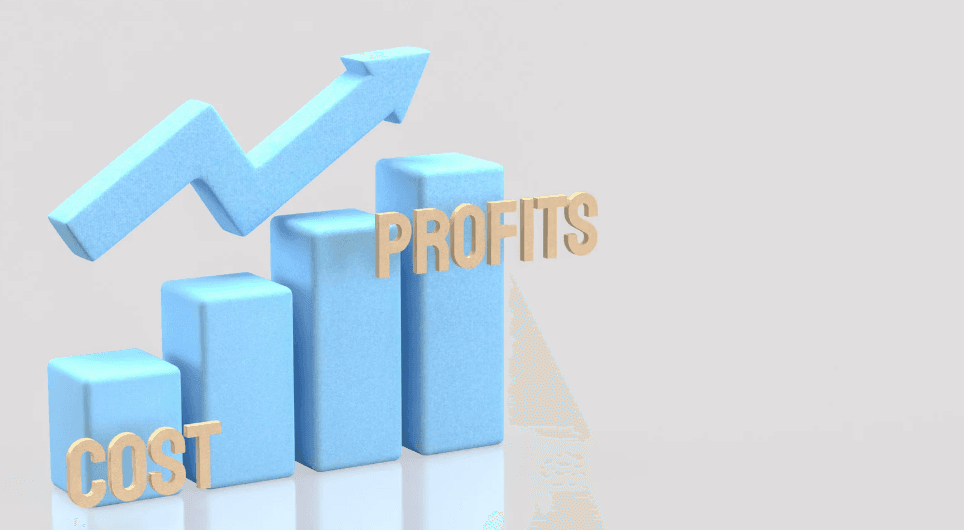 Upward-trending bar chart with the words “cost” and “profits”, representing ROI in facilities management