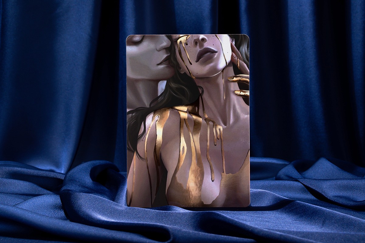 Postcards for Irina Kulish printed on coated board with raised uv varnish, sugar (glitter) lamination, digital printing, silky soft-touch lamination.