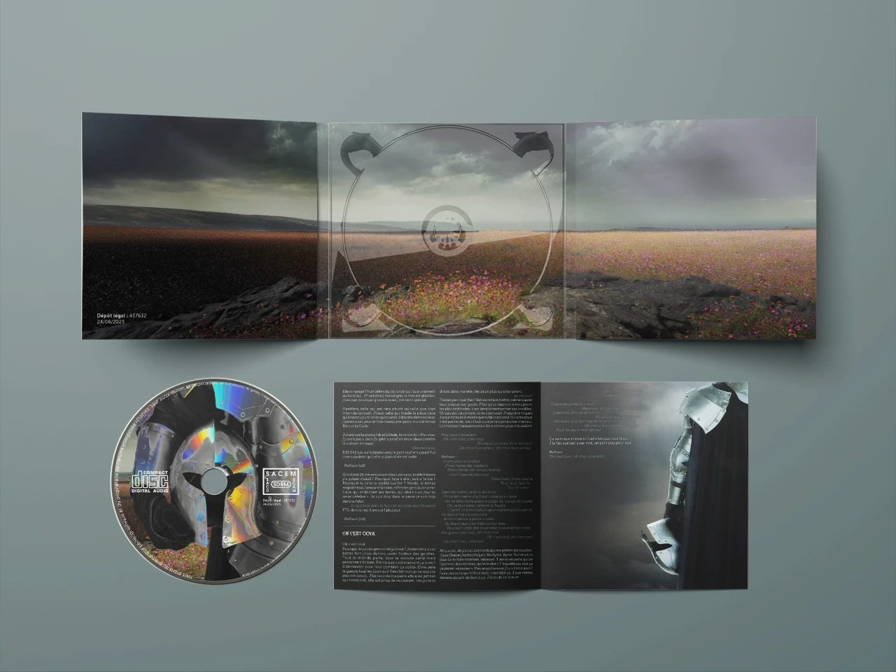 Éléments du digipack de l'album "Ciel gris sur un champs de fleur" du rappeur Léonard Lucian