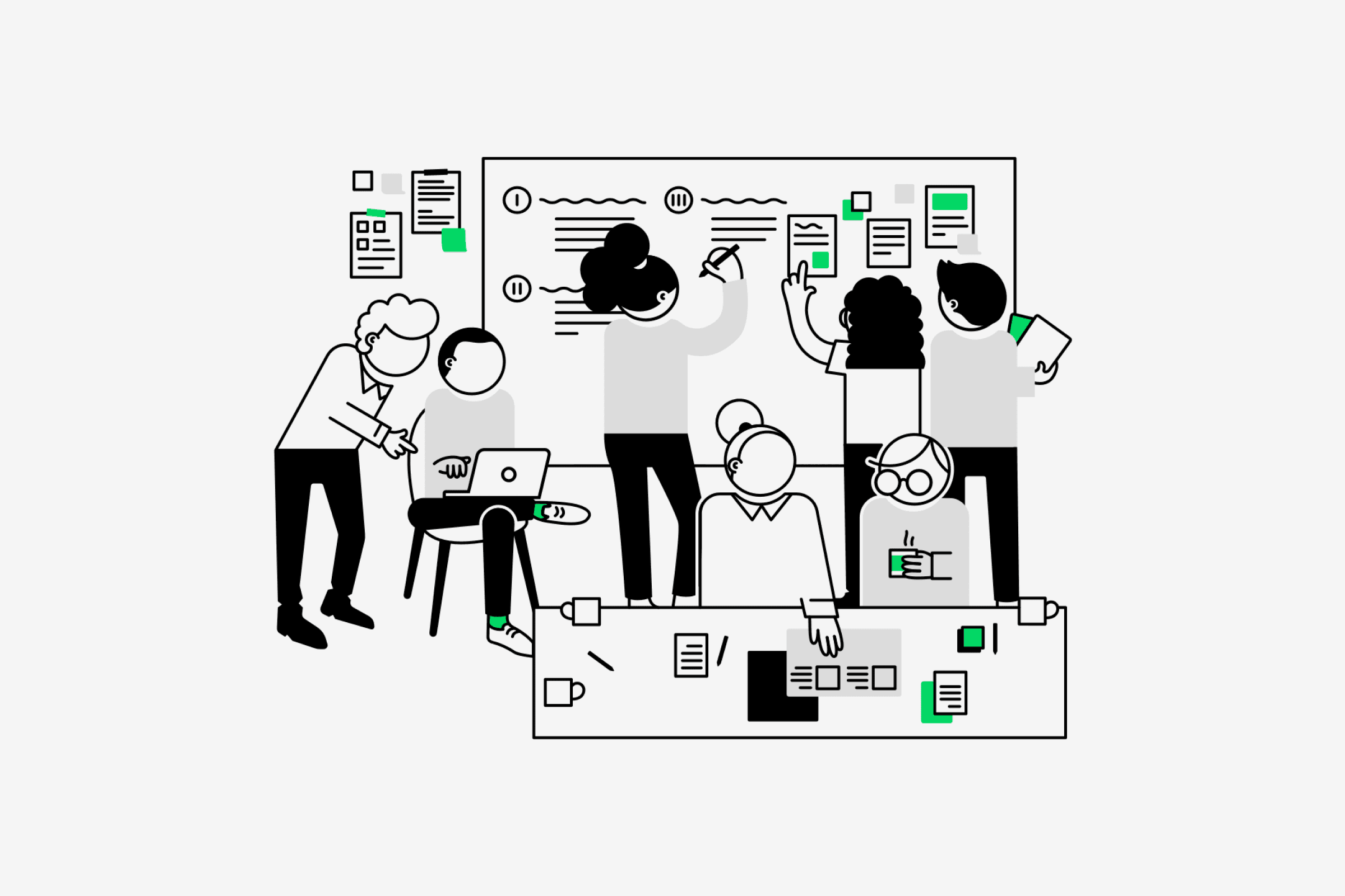 An illustration of some characters working together, writing notes on a whiteboard, and others having a discussion