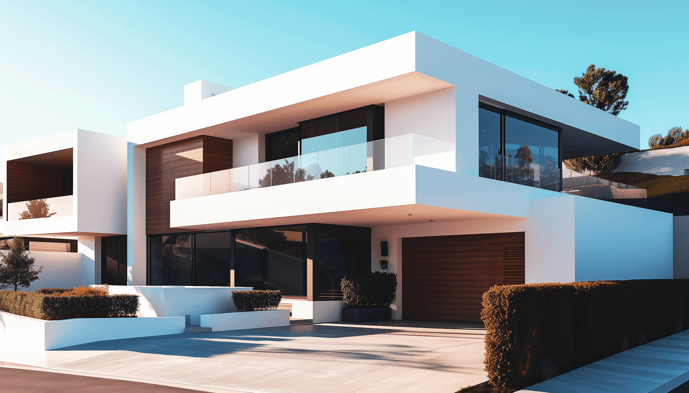 modern two-story white home with flat rooflines, glass balcony railings, large windows, and a wooden garage door, surrounded by clean landscaping and hedges