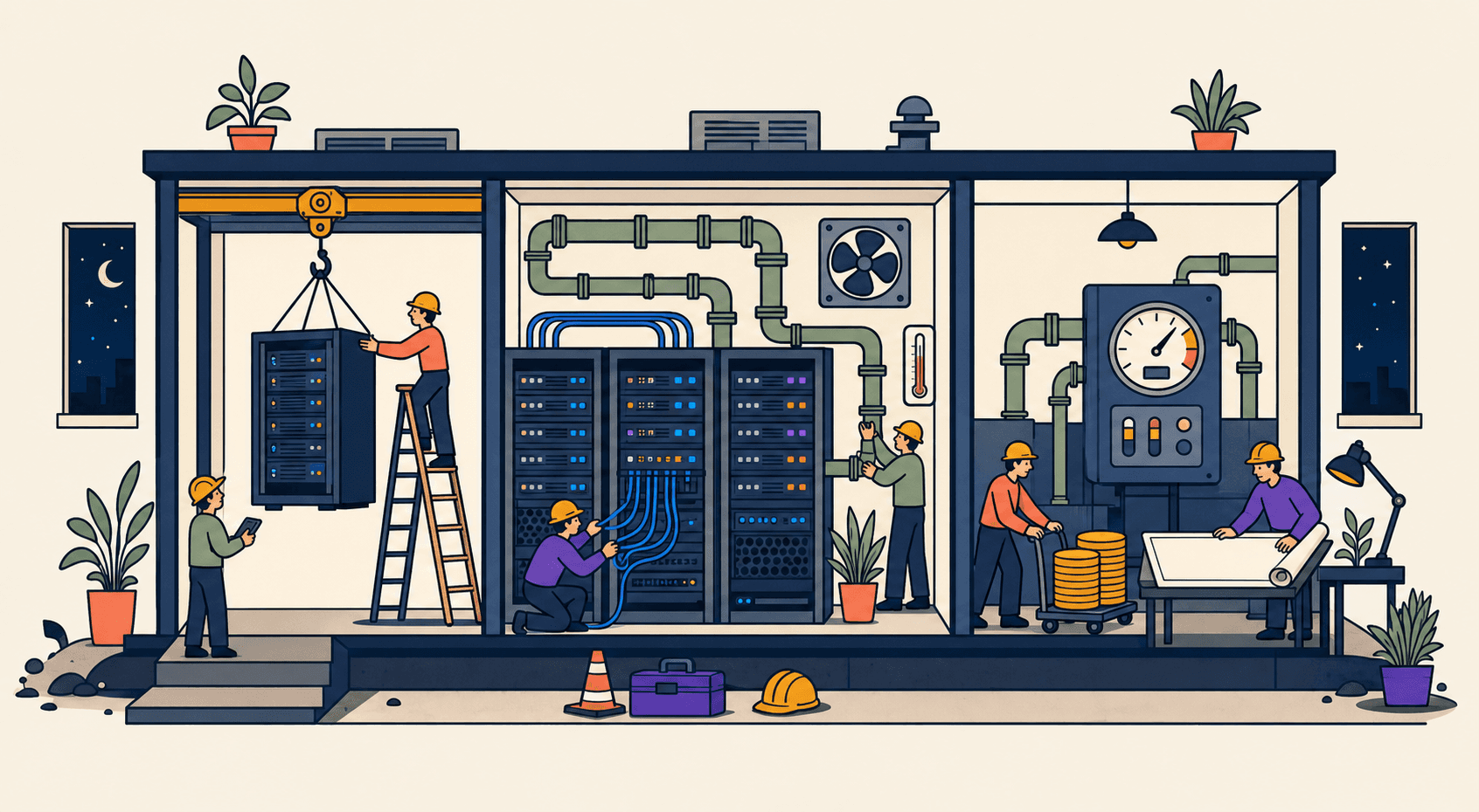 Illustration: Querschnitt einer Serverhalle im Aufbau mit Kran, Kühlrohren, Verkabelung und einem großen Stromzähler