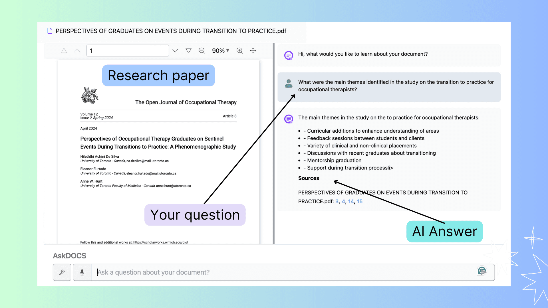 AskDocs App Screen showing document, user questions input, and AI answer with citation