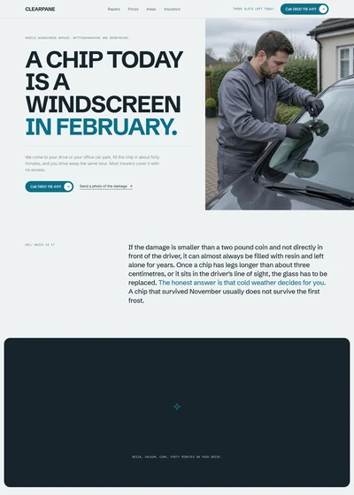 Auto glass website built with AI showing a split hero with a large grotesk headline, a technician fixing a windscreen chip and a dark panel with a repaired crack drawing