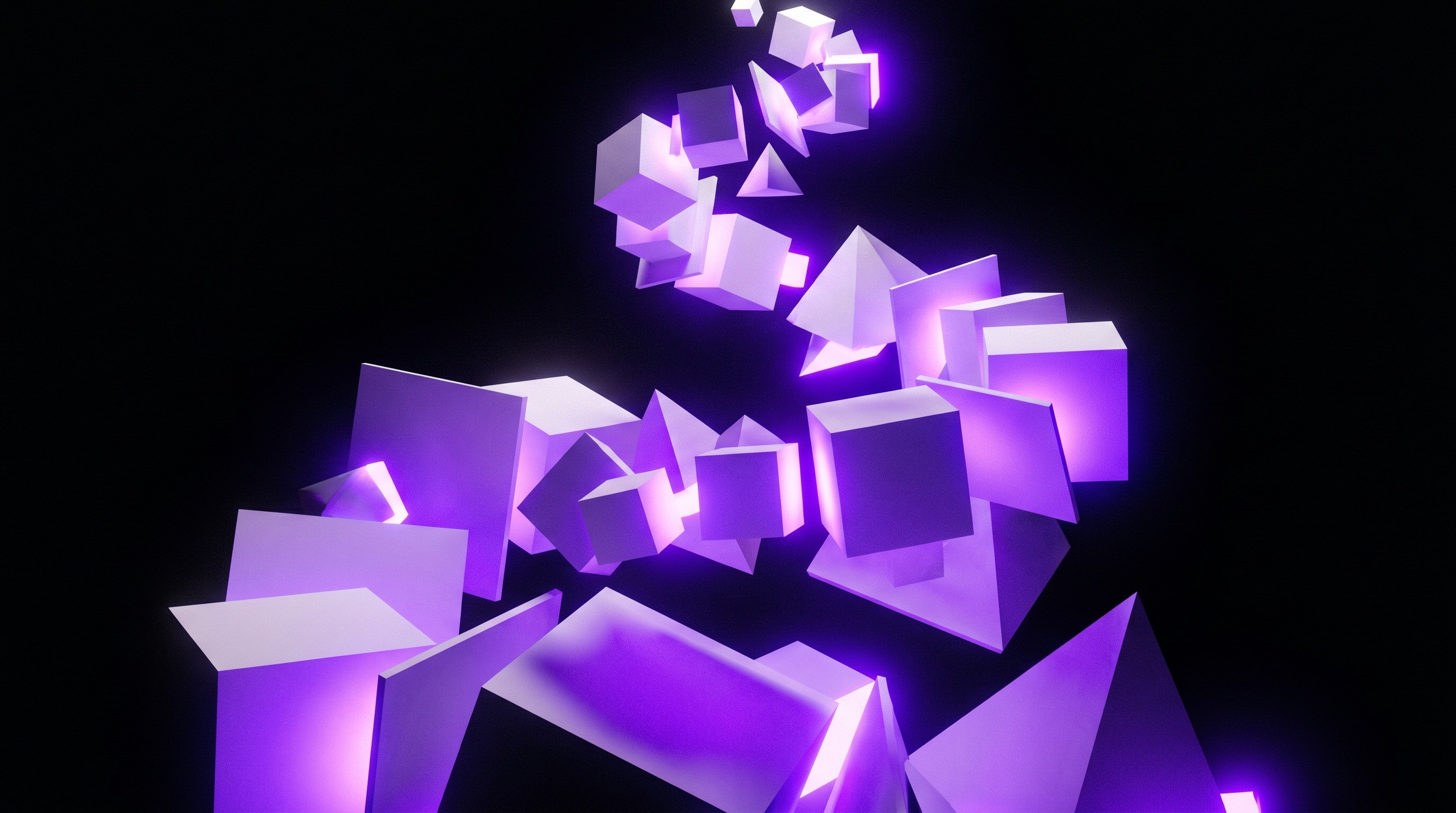 Abstract purple and white geometric shapes ascending with neon glow effects on black background