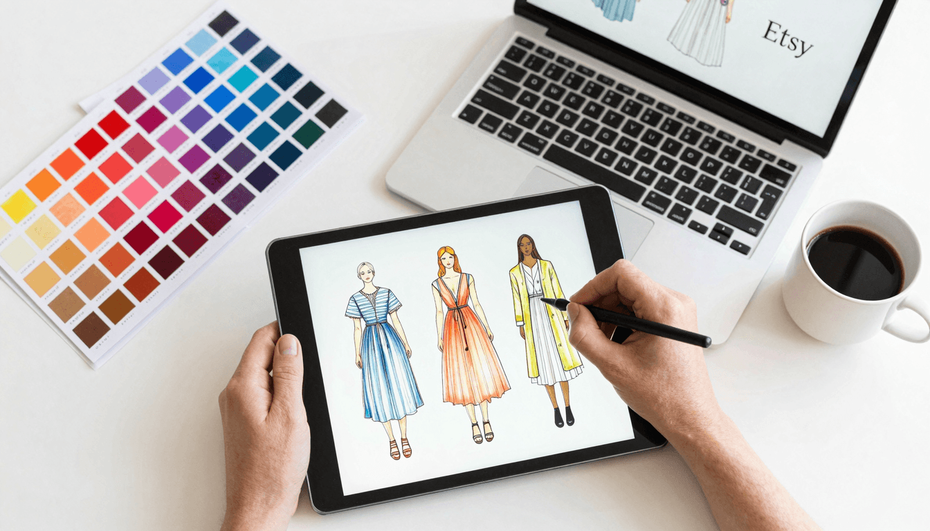 Designer sketching clothes on tablet for online business