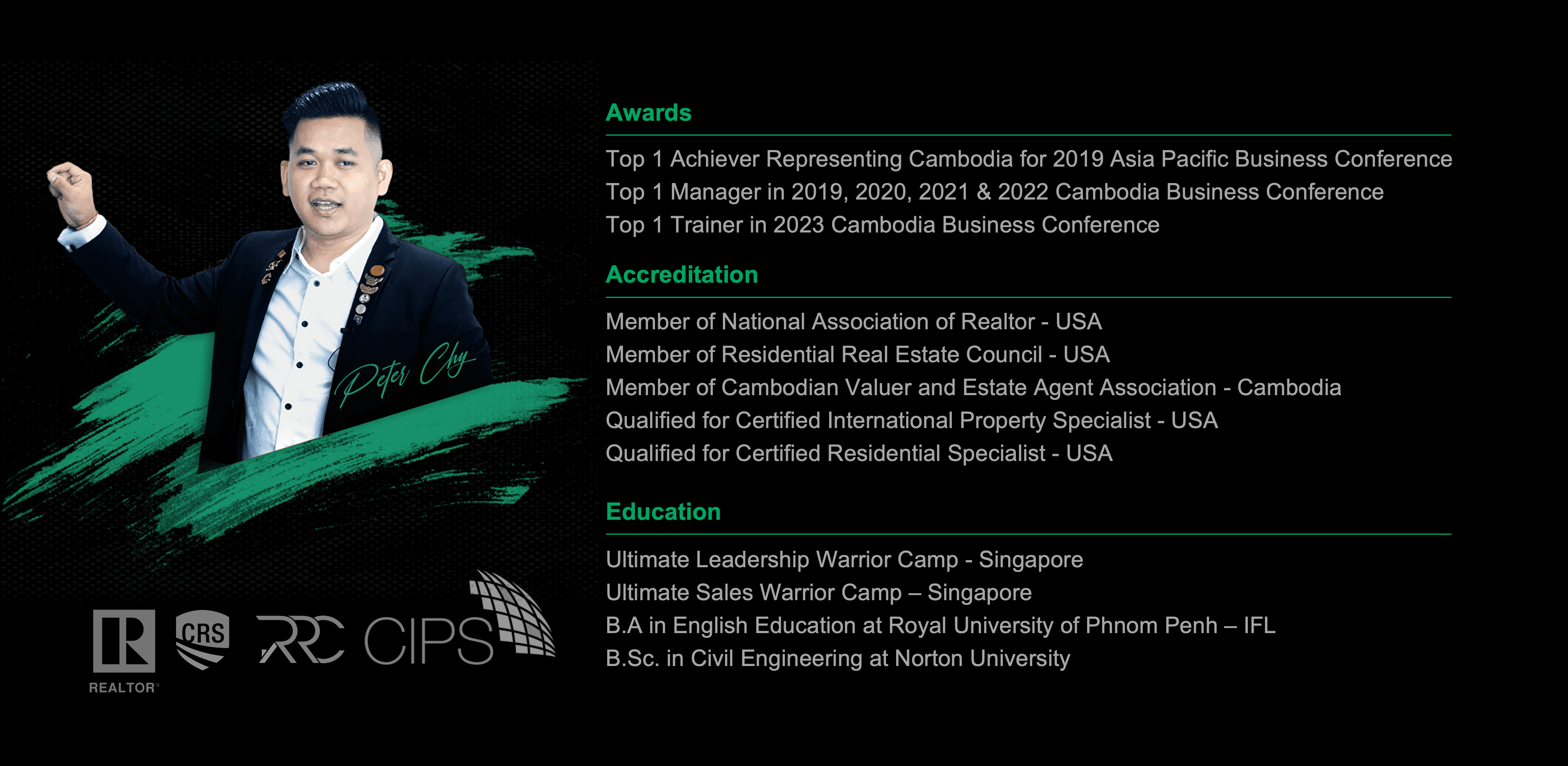 Professional photo of Peter Chy, Founder of Peter Chy Real Estate and Top Achiever at the Cambodia Business Conference, showcasing his USA and Cambodia real estate accreditations.