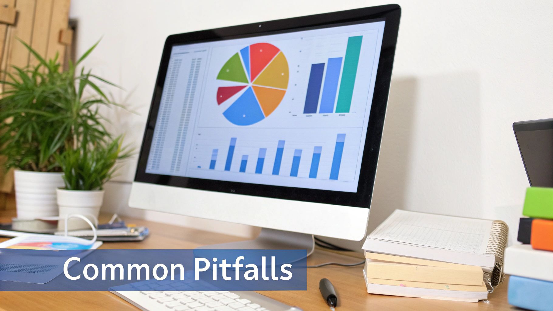 A computer monitor on a desk displays data visualization with a pie chart and bar graphs.
