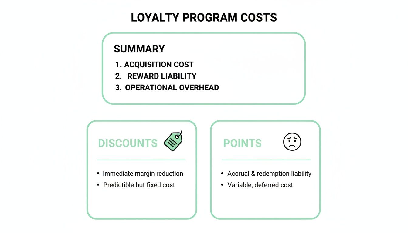 Infographic showing loyalty program costs, summarizing acquisition, reward liability, operational overhead, and comparing discounts and points.