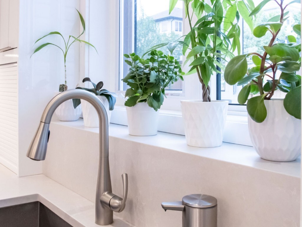 Image of KHD Homes kitchen design with modern faucet and plants on countertop near window for natural light.