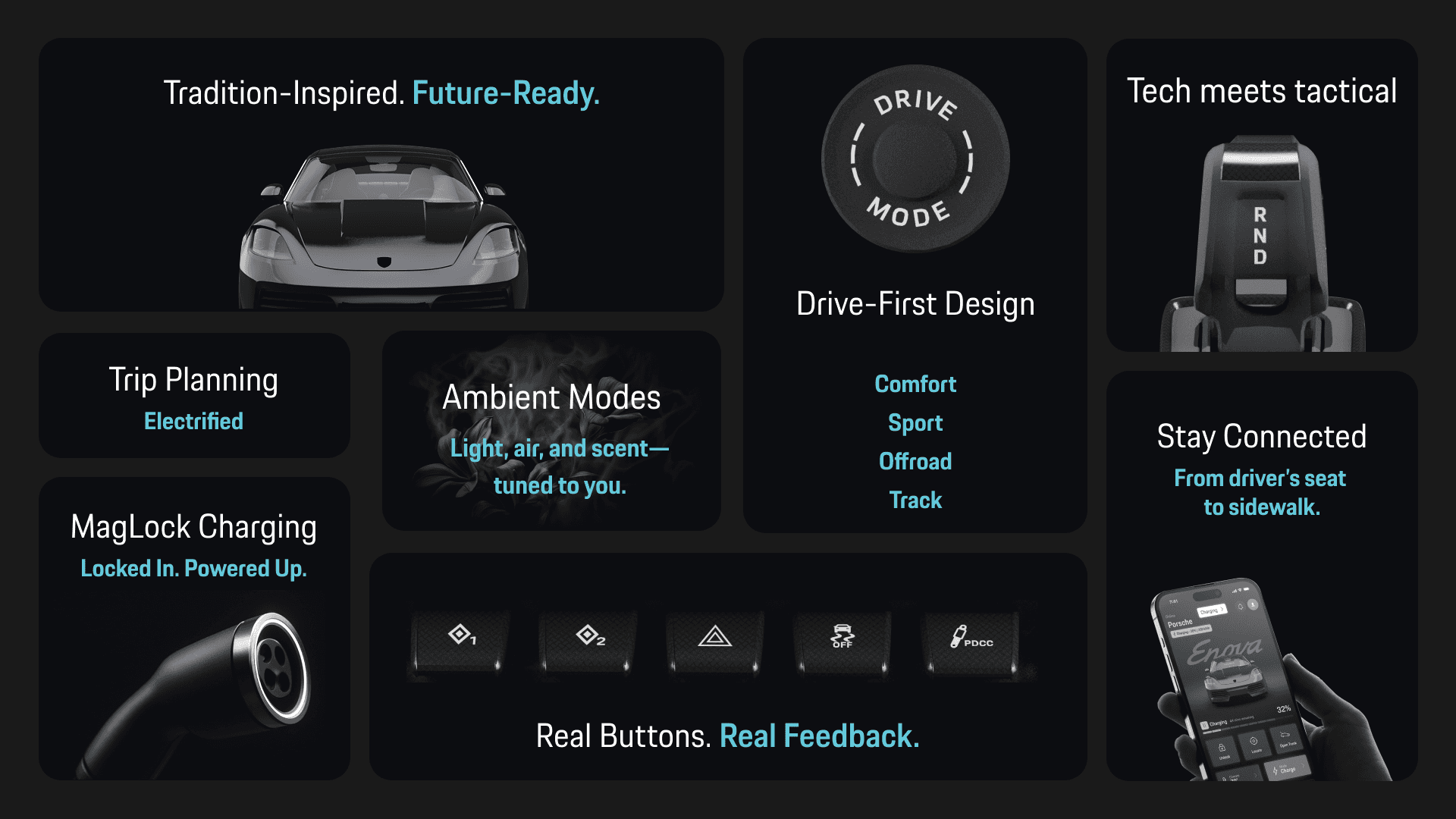 Experience framework translating Porsche’s analog driving DNA into a cohesive digital and physical EV system.
