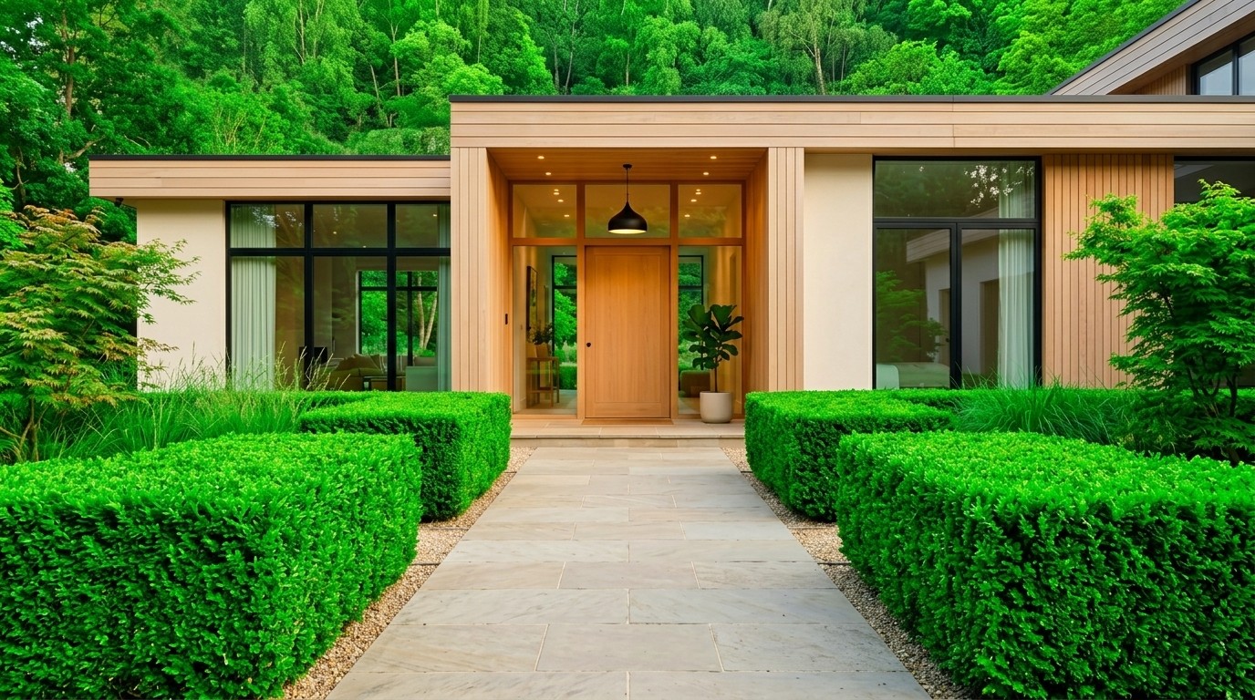Bush trimming service in New York — neatly squared boxwood hedges along a residential foundation.
