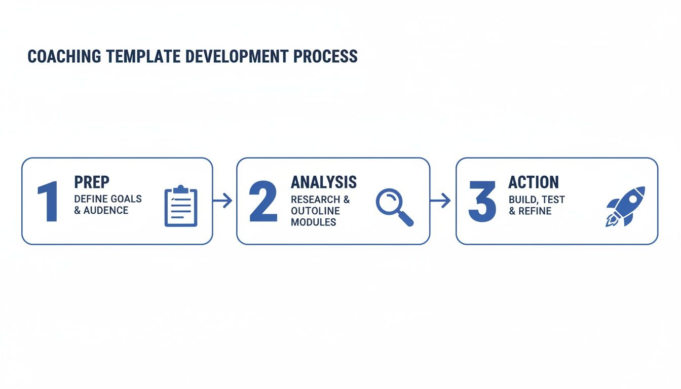 A three-step coaching template development process flowchart, including Prep, Analysis, and Action phases with icons.