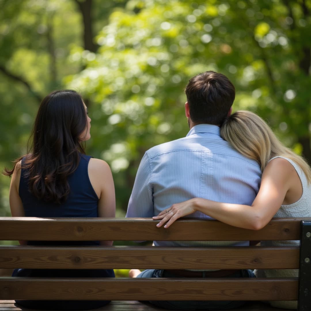ein mann sitzt auf einer bank mit 2 frauen, eine frau hat ihren kopf auf seine schulter gelegt