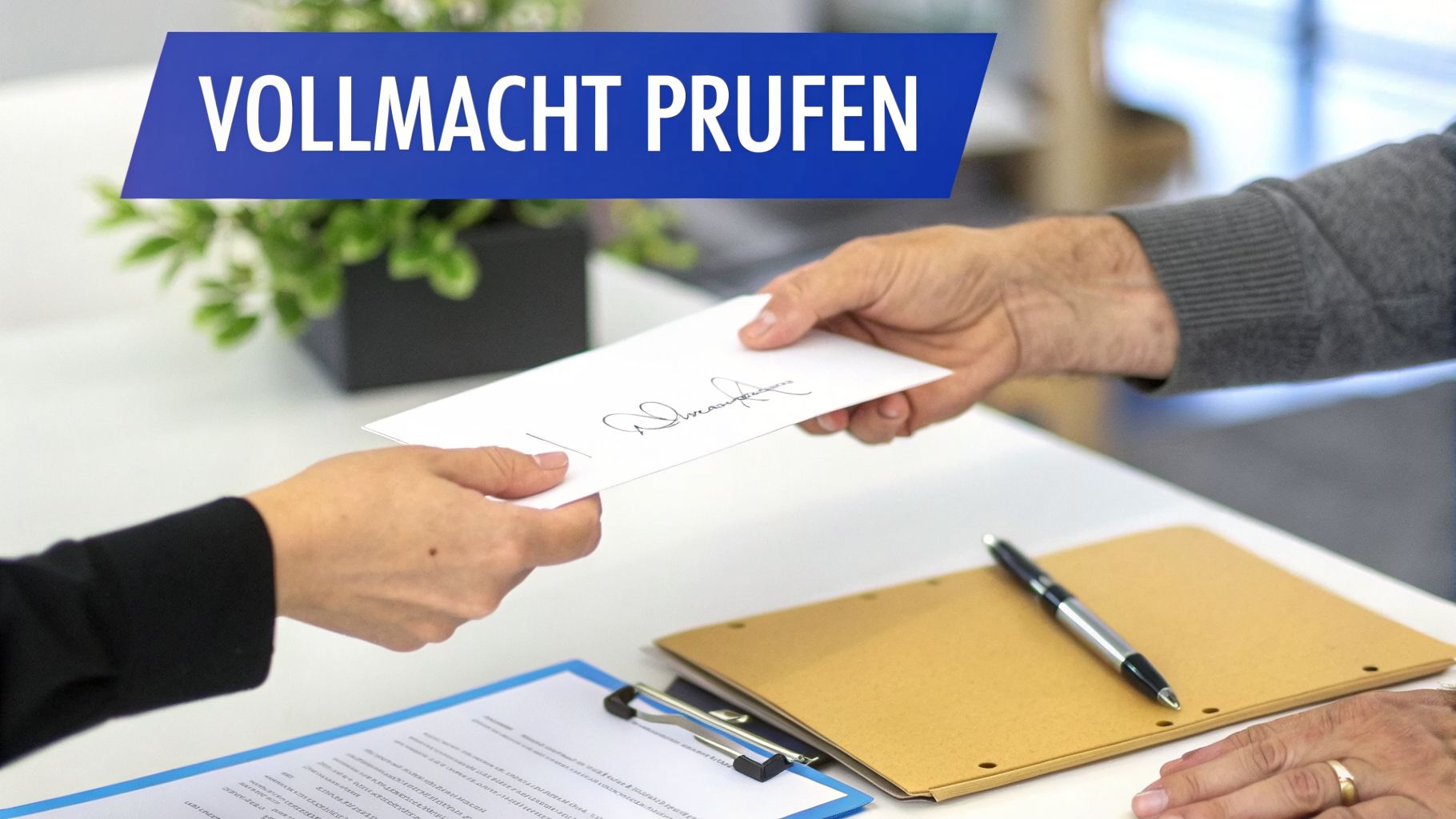 Zwei Hände überreichen eine Vollmachtsurkunde mit Unterschrift auf einem Schreibtisch mit Dokumenten.