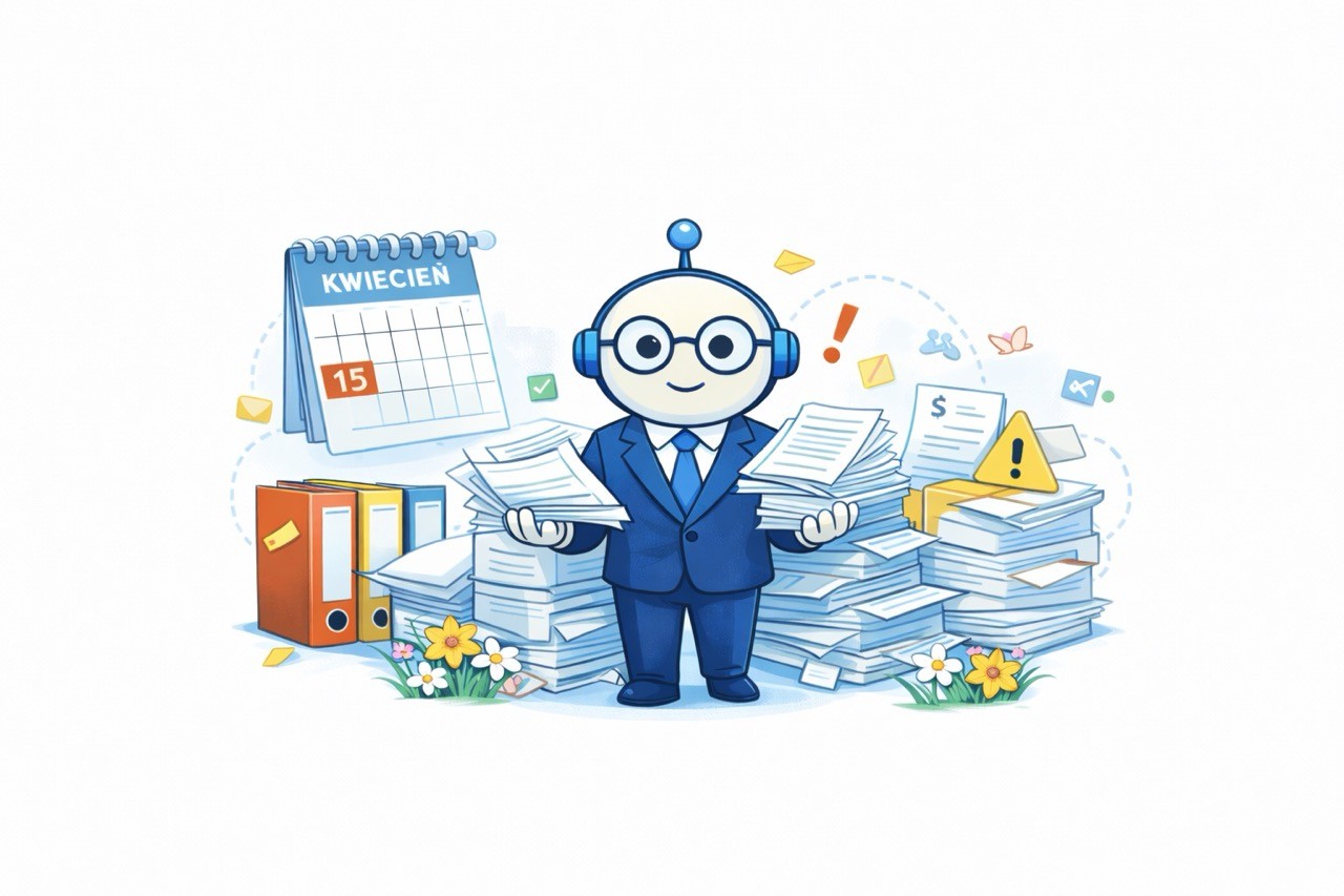 Robot księgowy zarządzający dokumentami i terminami w kwietniu w biurze rachunkowym