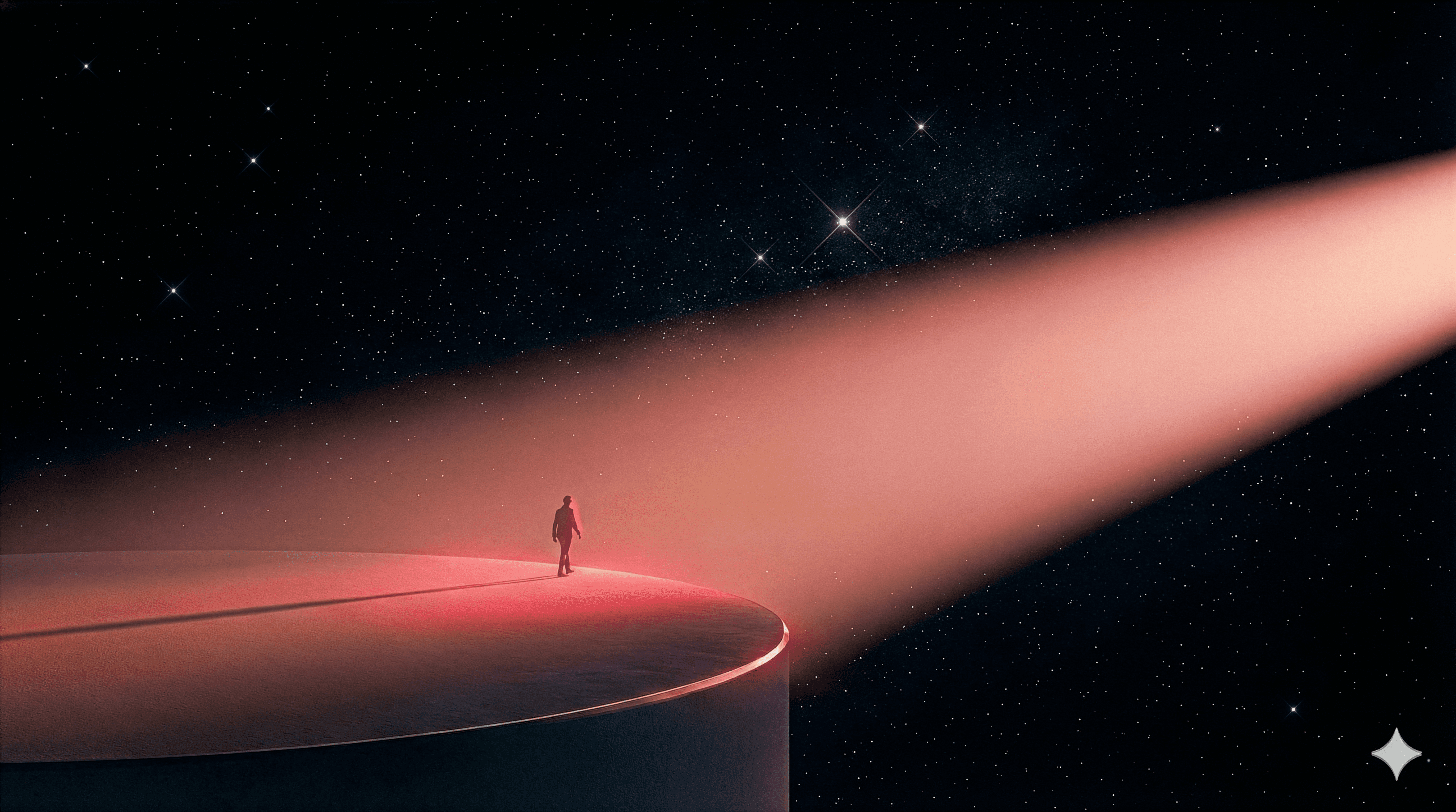 Illustration d'une galaxie avec un personnage mit en avant par une grande lumière rouge et rose.