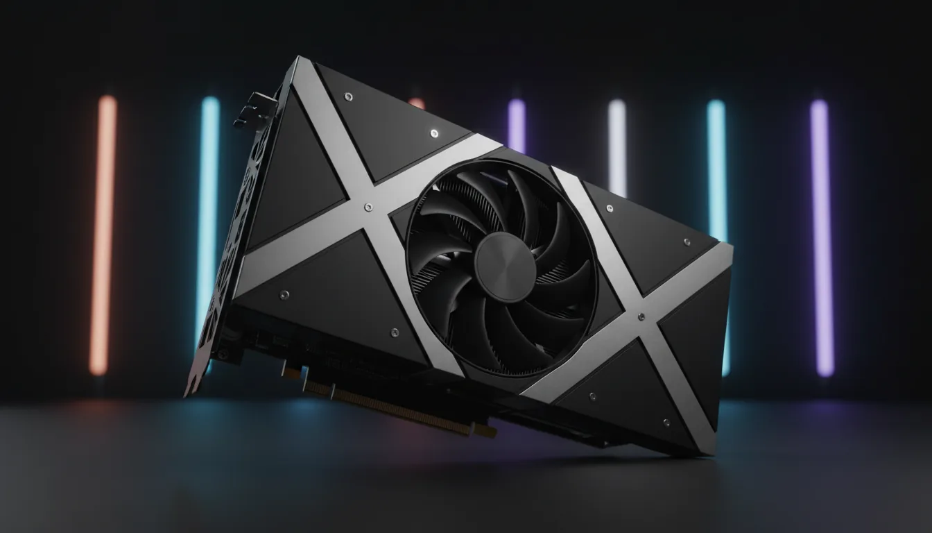 DSLR product photography of a futuristic, high-end graphics card, featuring a minimalist matte black shroud with silver gunmetal 'X' accents. The card is angled diagonally, showcasing a large black cooling fan with sleek blades. The background is dark and abstract, with soft, glowing vertical light tubes creating cinematic contrast and soft studio lighting. Sharp focus on the clean lines and metallic textures of the hardware.