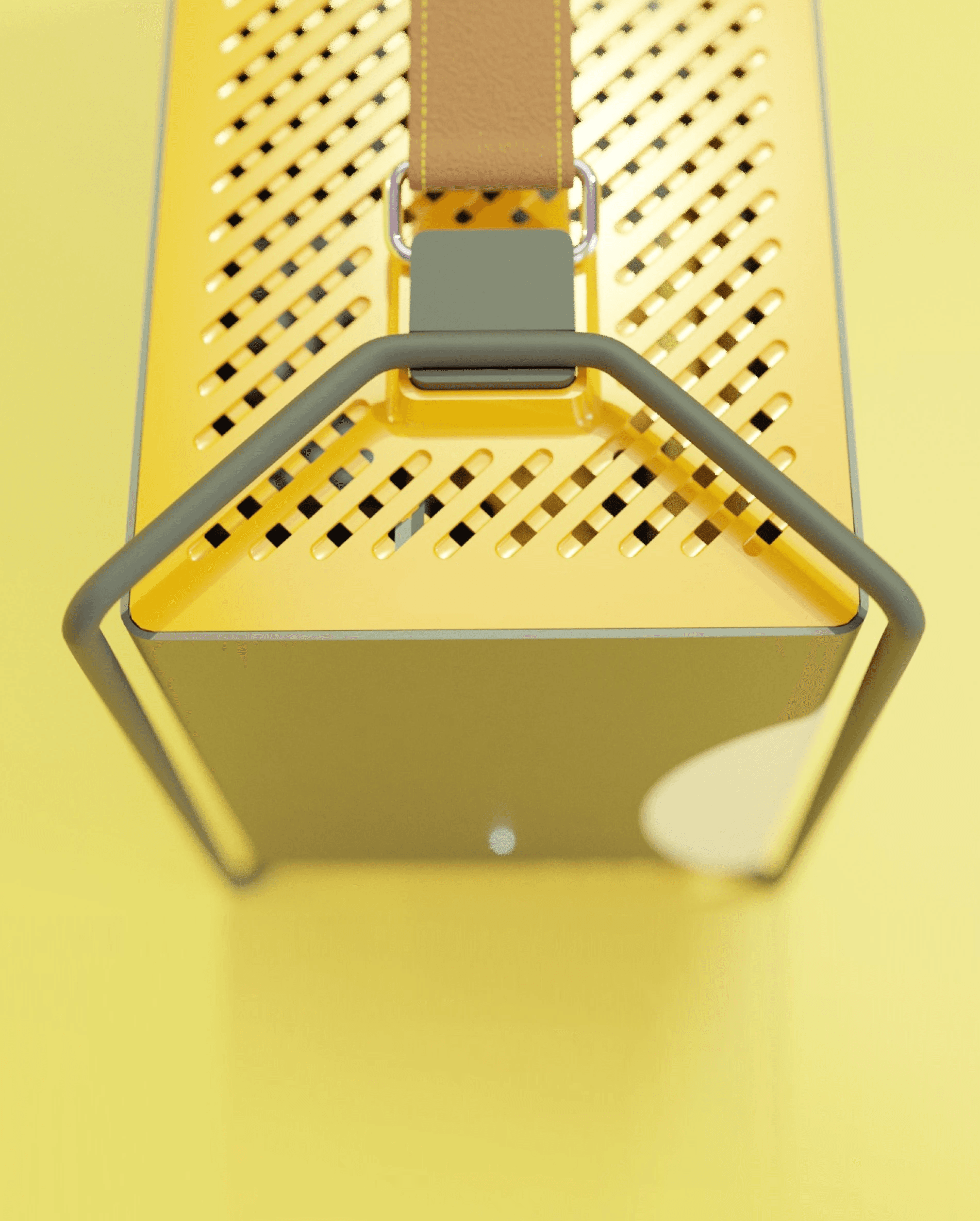 Computer rendered image of custom computer frame, yellow background.