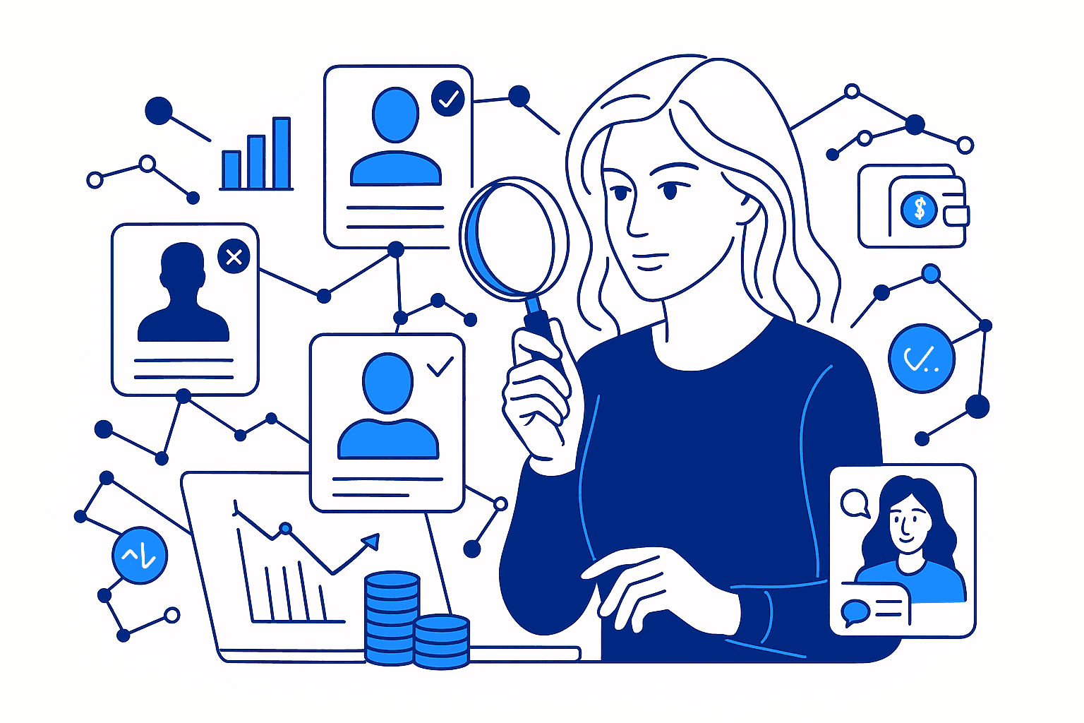 A person analyzing data, surrounded by icons representing profiles and analytics.