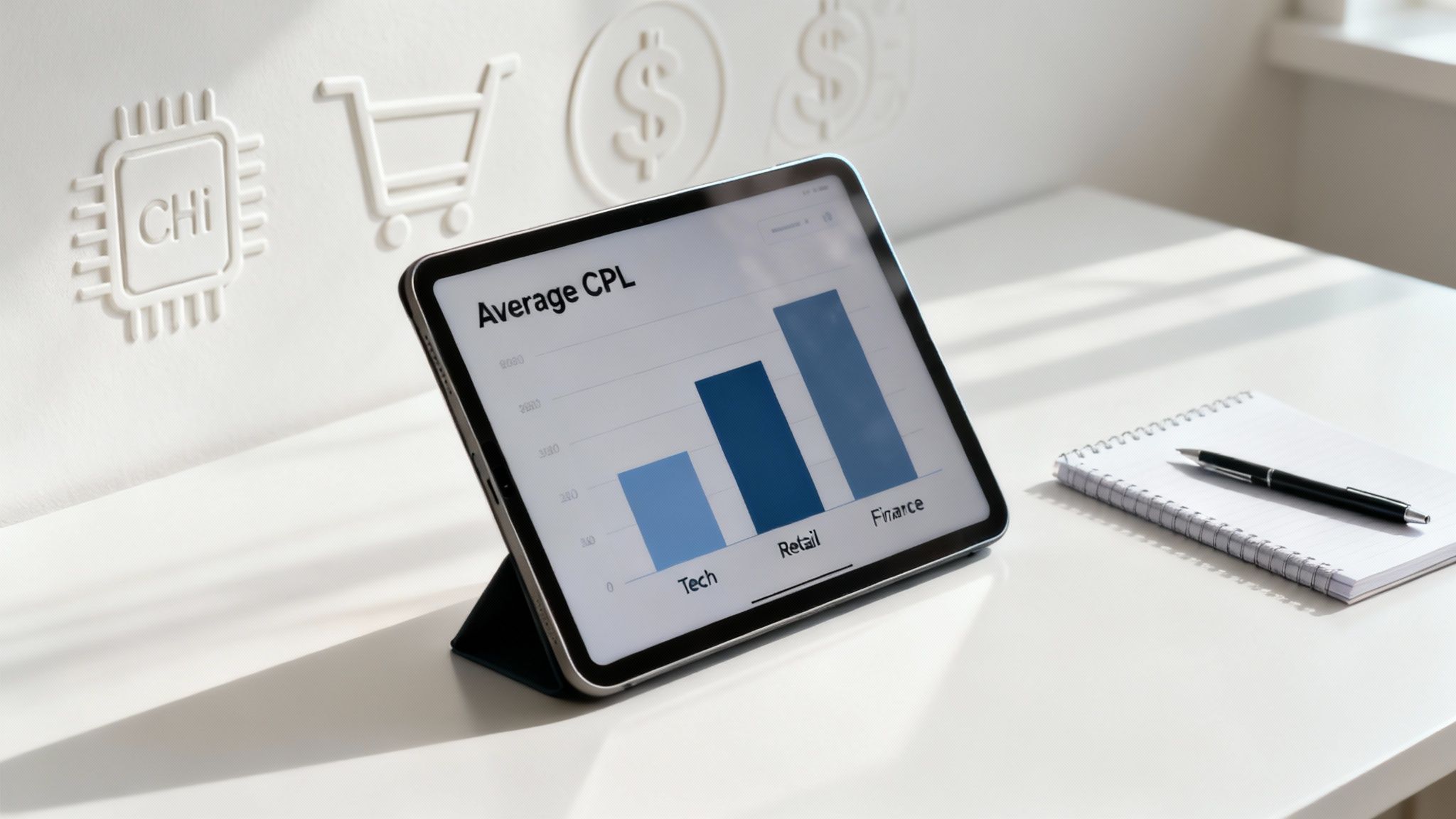 A marketing professional analyzing a dashboard showing various cost and lead metrics on a computer screen.