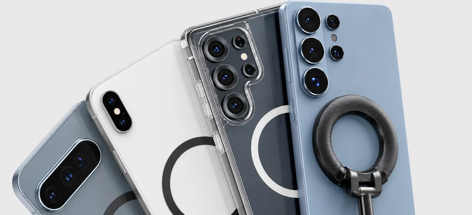 Older iPhone and Android phones in clear cases with the included metal ring