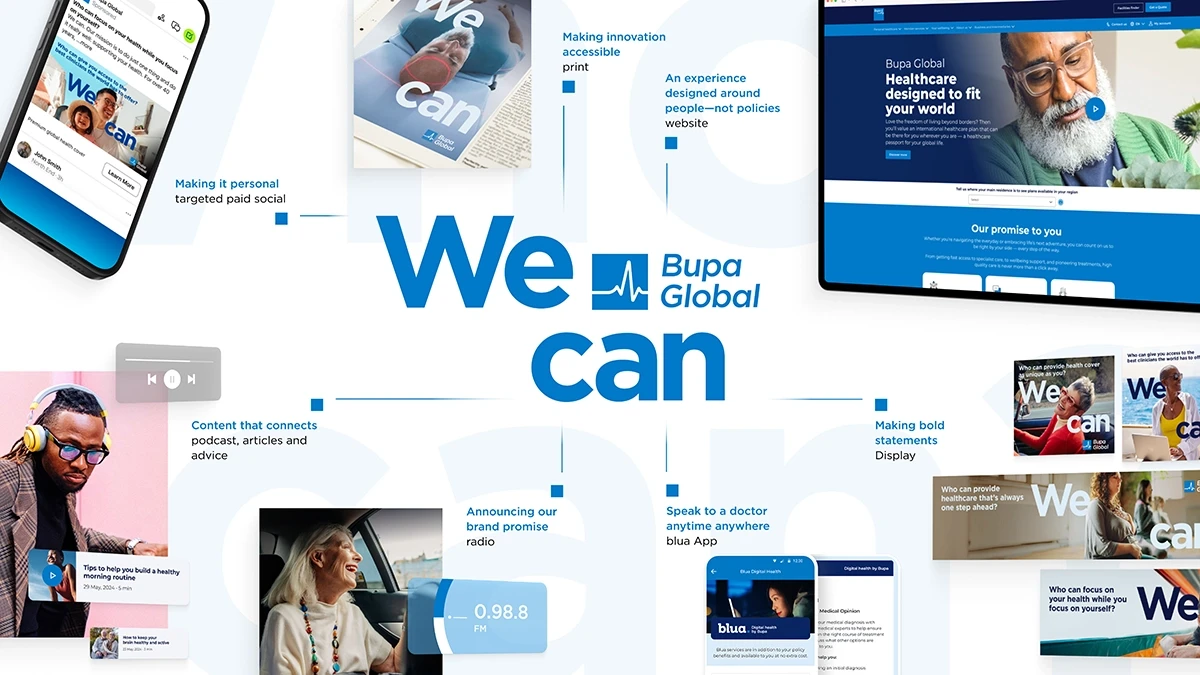 Bupa Global 'We Can' integrated campaign overview graphic showing full multichannel media mix including targeted paid social, print, website, display ads, radio, Blua app and podcast content, centred around bold blue 'We Can' brand typography on white background