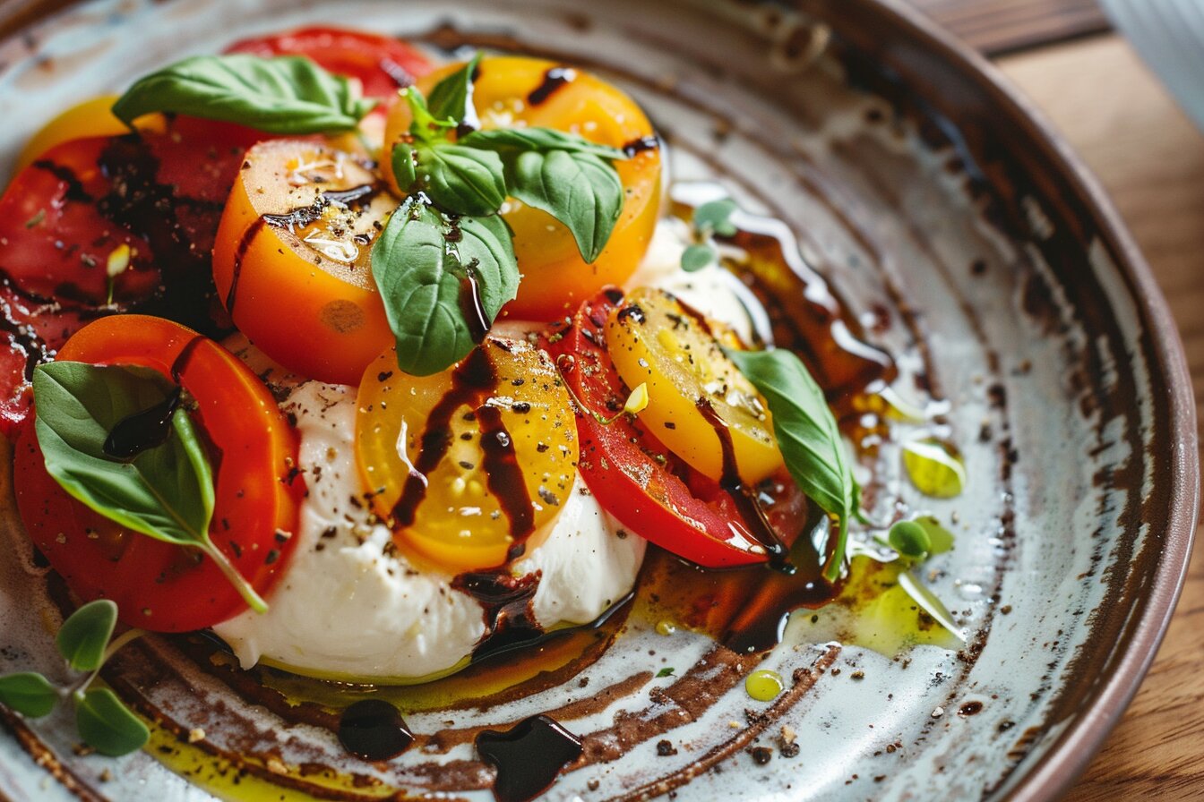 Burrata with heirloom tomatoes, basil, and aged balsamic on a rustic ceramic plate in warm natural light.